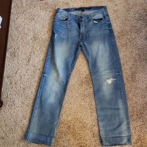 Men's distressed faded indigo straight jeans